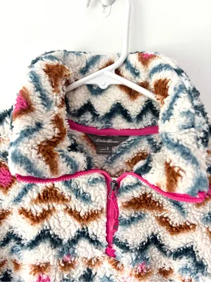 Eddie Bauer Aztec Print Cozy Fluffy Sherpa Fleece 1/4 Zip Pullover Blue Pink thumbnail 2