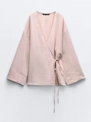 Zara Women Blush Pink Linen Blend Wrap Top Long Sleeve Kimono Style NWOT Medium thumbnail 1