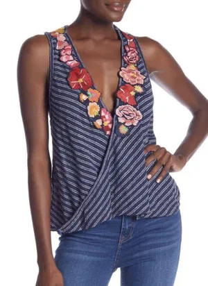 Free People Floral Striped Sleeveless Applique Top Size XS Embroidered Boho thumbnail 1