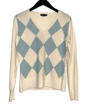 Lands End Cashmere Argyle V-Neck Cream Blue Sweater SMALL thumbnail 1