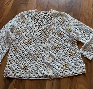 Unbranded Crochet Cardigan Women OS Cream Beaded Boho Open Knit‎ Sweater swim thumbnail 1