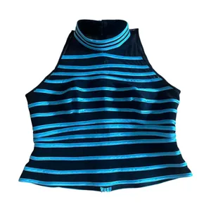 JS Collections Black and Blue Striped Mesh Mock Neck Top Size 14 thumbnail 1