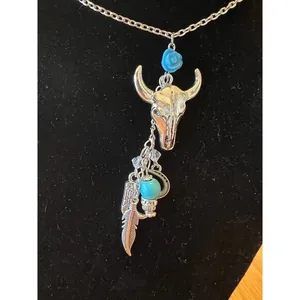 Women's Antique Look Silver Tone Pendant Necklace‎ with Charms, Cow Skull NEW thumbnail 3