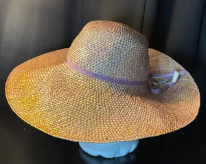 Betmar New York Iridescent Woven Straw Wide Brim Sun‎ Hat Purple Ribbon Accent thumbnail 1