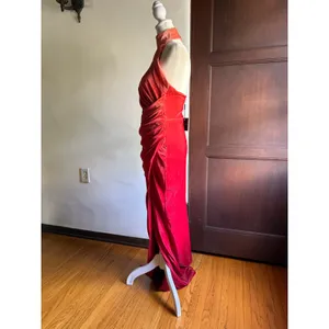JLUXLABEL | Orange to Red Ombre Velvet High Neck Halter Draped Maxi Dress Small thumbnail 4