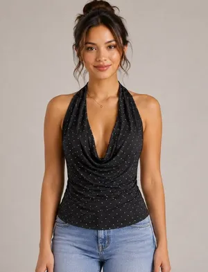 Windsor Black White Polka Dot Halter Cowl Neck Top Size L thumbnail 1