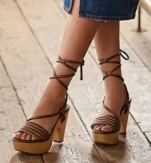 Coach Bronze Brown Leather Strappy Wooden Heel Sandals Modern Minimalist thumbnail 1