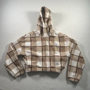 Hollister Womens Small Cropped Fleece Hoodie Jacket Plaid Beige Brown Full Zip thumbnail 1