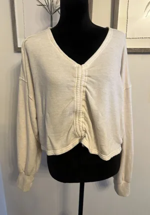 Offline By Aerie Sweatshirt Ruched Front Long Sleeve Vneck Thumbholes Beige XL thumbnail 1