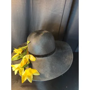 Vintage Betmar New York Black Wide Brim Sun Hat Yellow Floral Velvet Ribbon NWT thumbnail 3