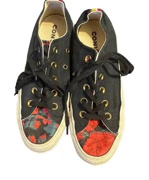 Converse Low Top Sneakers Floral Black Gold‎ Eyelet Multi-Color Stripe Size 6 thumbnail 1