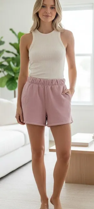 SET Active Pink French Terry Sweat Shorts Elastic Ruffle Waist Lounge USA S thumbnail 1