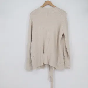 Beige Ribbed Wrap Cardigan Sweater XL Puff Sleeve Tie Front Cream Knit thumbnail 3