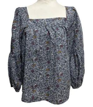 a.n.a Blouse Blue Floral Cotton Puff Sleeve Square Neck Boho Cottage Peasant M‎ thumbnail 1