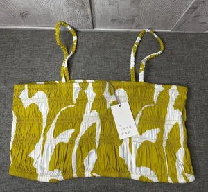 A New Day Womens Yellow & White Smocked Crop Top XL Adjustable Straps Cruise thumbnail 1