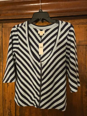 Anthropologie Navy and White Striped Zip-Front Button Down Top Medium thumbnail 3