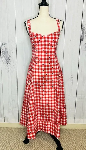 NWT Avec Les Filles Cherry Print Sweetheart Fit & Flare Midi Dress Sz 14 Stretch thumbnail 1