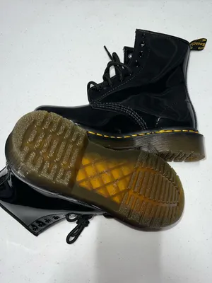 Dr. Martens Black Patent‎ Lace-Up 8-Eye Boots with Yellow Stitching thumbnail 3