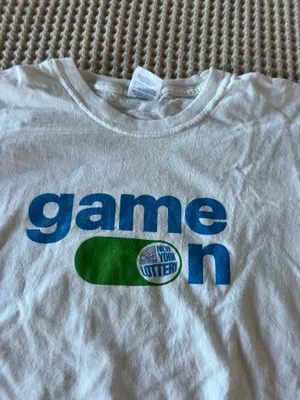 Port Authority White "Game On" graphic tee with blue text and green oval, size XL #gaming #casino thumbnail 3