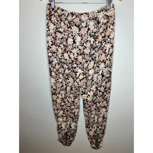 Anthropologie Floral Tapered Pants Womens 4 Black Orange Ankle Zip Boho Casual thumbnail 6