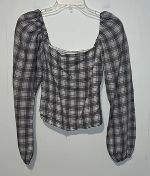 Abercrombie & Fitch Gray Plaid Long Sleeve Off Shoulder Boho Crop Top 0315262 thumbnail 1