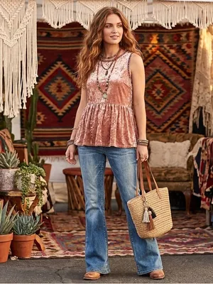Knox Rose Blush Mauve Crushed Velvet Babydoll Peplum Top Boho Sleeveless M thumbnail 2