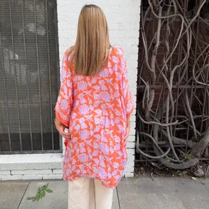 Free People World Market orange + pink boho floral poncho tunic kimono one size #fairy #beach #hippie thumbnail 4