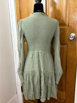Women’s Sage Green Smocked Tiered Mini Dress Long Sleeve Size Small thumbnail 3