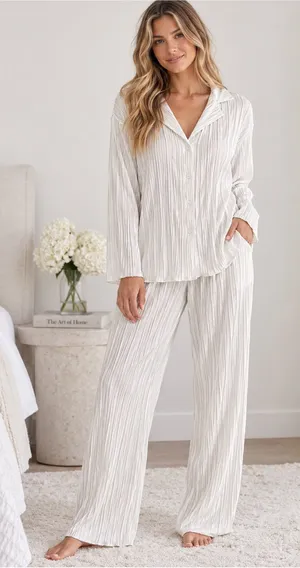 🤍 Bridal Pajama Set Size Small Pleated Button Down Pants Wedding PJs 🤍 White thumbnail 1