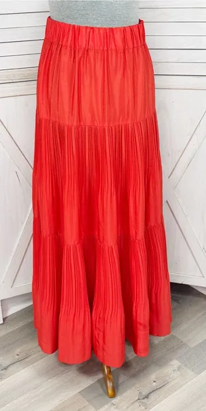 Outback Red Tiered Pleated Maxi Skirt Coral Orange Red XS Flowy Boho Tomato Girl thumbnail 1