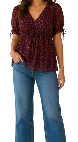 Brown floral Gauze Baby Doll Shirt thumbnail 1