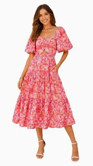 BTFBM Pink Orange Floral Chiffon Smocked Puff Sleeve Square Neck Midi Dress M thumbnail 1