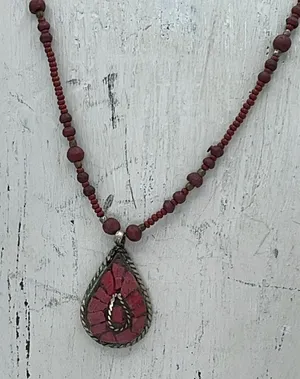 Boho festival red seed bead faux coral necklace. thumbnail 1