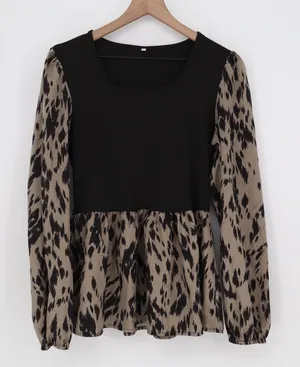 Unbranded Peplum Top Womens XL Mixed Media Black Tan Animal Print Excellent thumbnail 1
