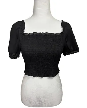 Smocked‎ Crop Top Black Square Neck Puff Sleeve Ruffle Trim Cottage Festival S thumbnail 1
