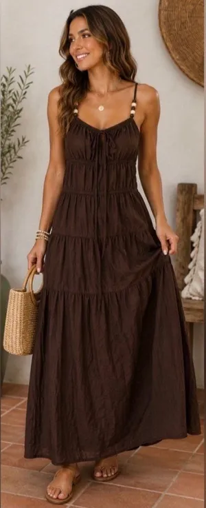 Sim and Sam Milkmaid Poplin Midi Dress Size XS Chocolate Brown Cottagecore Boho thumbnail 1