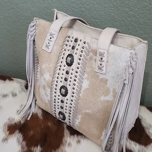 Neutral Cowhide Fringe Satchel Tote - Stylish Everyday Bag thumbnail 2