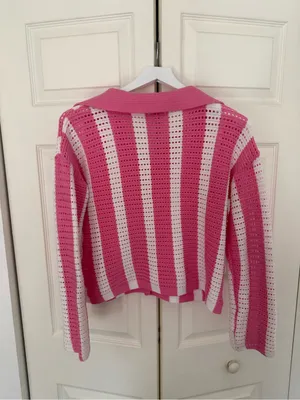 Daisy Crochet Knit Collared Striped Button Down Sweater Cardigan Size Large thumbnail 5