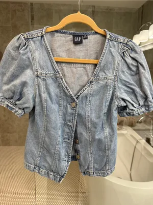 GAP Light Blue Denim Puff Sleeve Button-Front Top - xs thumbnail 2