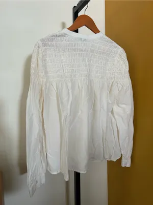 Madewell Smocked Top in Cotton Silk Blend Button Front Shirt Cream Blouse‎ Large thumbnail 7