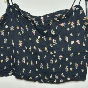 Free People Black Floral‎ Smocked Crop Top Tie Shoulder Adjustable M thumbnail 8