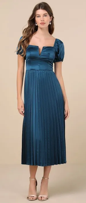 NWT Lulus Flawless Forever Teal Satin Pleated Midi Dress Bridesmaid Gala Size M thumbnail 1