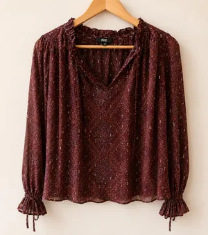 PAIGE Anthropologie Women’s M Burgundy Metallic Print Sheer Ruffle Blouse thumbnail 1