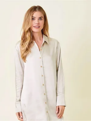 Mystree Long Satin Shirt Dress in Champagne Cream nwt thumbnail 3