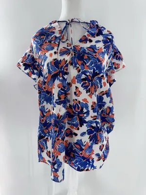 Beacon Apparel Stitchfix Blouse Sz L Floral Office Career Red White Blue Work thumbnail 1