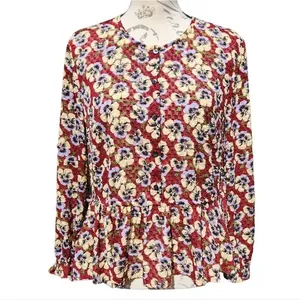 Madewell -565 Drawstring Ruffle-Hem‎ Top Blouse in Viola Floral Burgundy Medium thumbnail 3