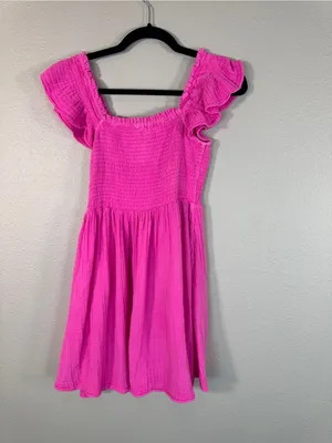 Love Shack Fancy Athalia Hot Pink Cotton Mini Dress Womens S Flutter Sleeve thumbnail 3