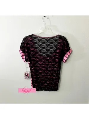 Love j Pink Striped Open Back Lace Backless Cut-Out Scoop Neck Short Sleeve Burnout Tee thumbnail 2