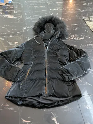 Karl Lagerfeld Paris Faux Fur Trim Black Shiny Belted Puffer Coat Size Medium thumbnail 1