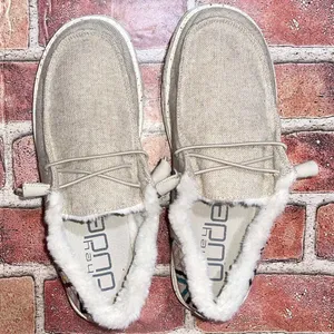 Pre-Owned Hey Dude Wendy Funk Wool Beige Canva Slip On Faux Fur Shoe Size 9 Casu thumbnail 2